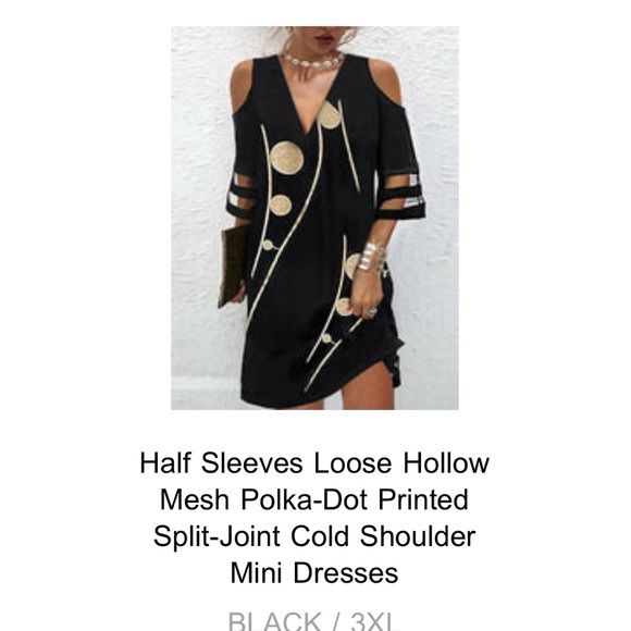 Chic Black and Gold Polka Dot Cold Shoulder Mini Dress - Picture 1 of 6